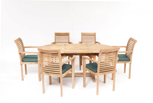 Windsor teak dining set with 6 stacking chairs and cushions, on a white background