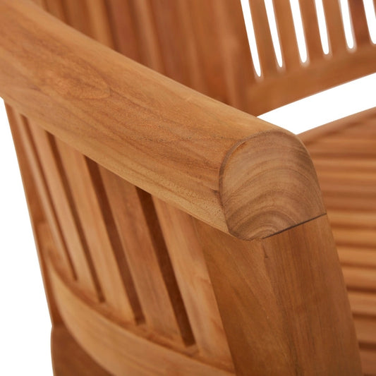 Close-up of the Bowood bench's extra thick 12cm curved teak top rail