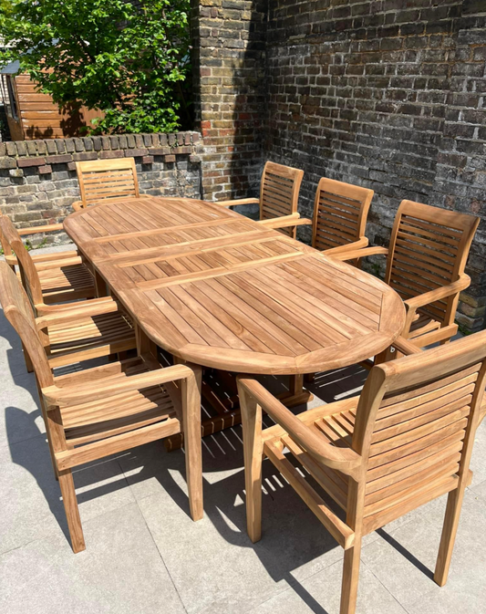 Classic 8 seater teak garden dining set with oval double leaf table