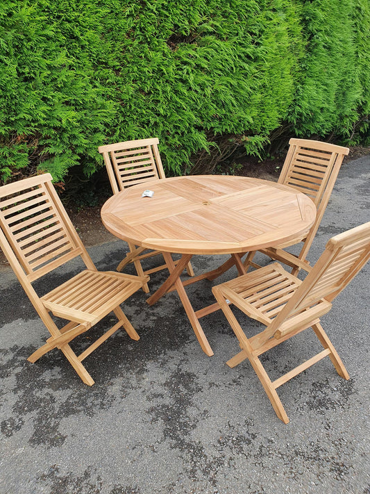 Wentworth 4 seater teak garden dining set with round folding table and folding chairs