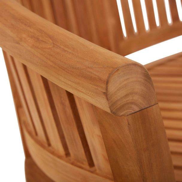 Close-up of the Bowood bench's extra thick 12cm curved teak top rail