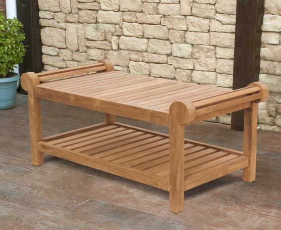Lutyens teak coffee table showing the lower slatted shelf