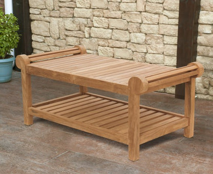 Lutyens teak coffee table showing the lower slatted shelf