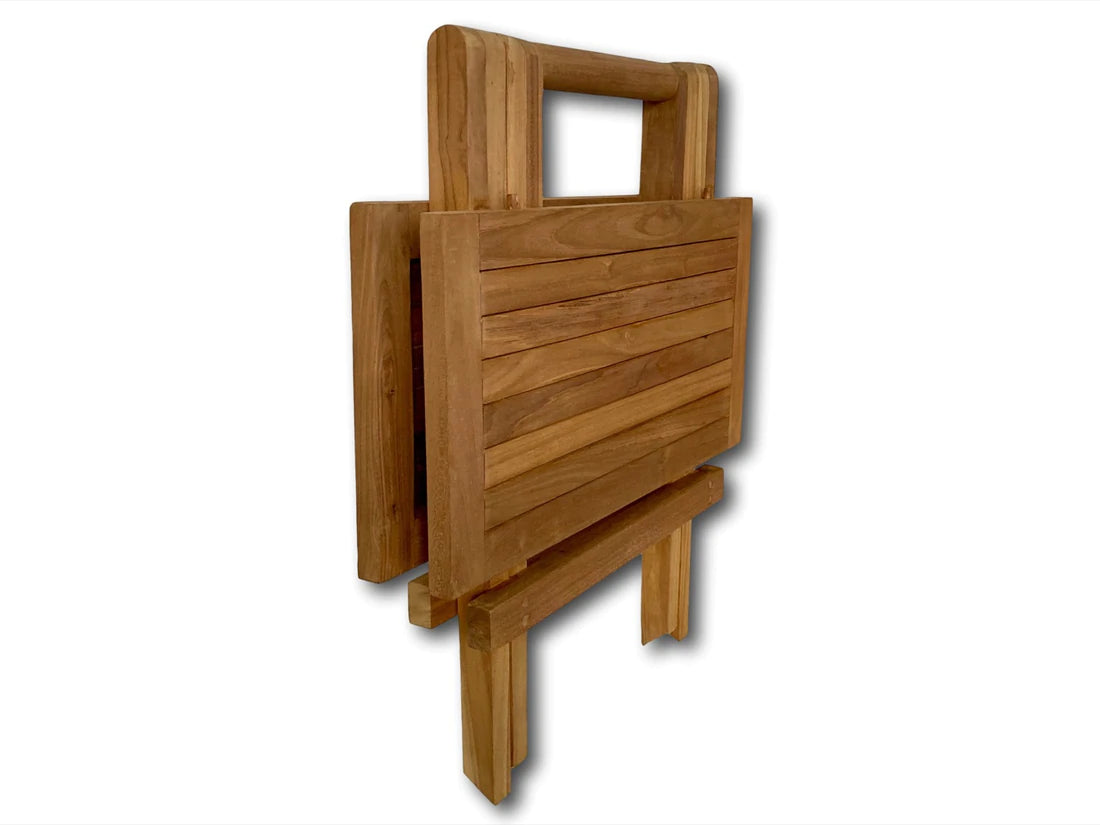 Folding teak coffee table folded flat for storage